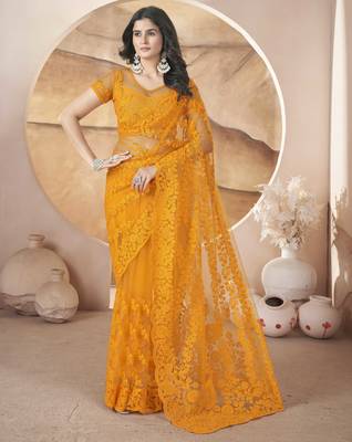 Yellow butterfly net thread embroidery with stone work saree 1