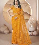 Yellow butterfly net thread embroidery with stone work saree