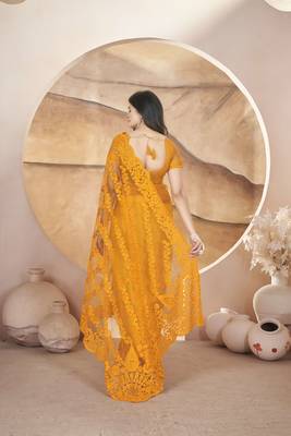 Yellow butterfly net thread embroidery with stone work saree 3