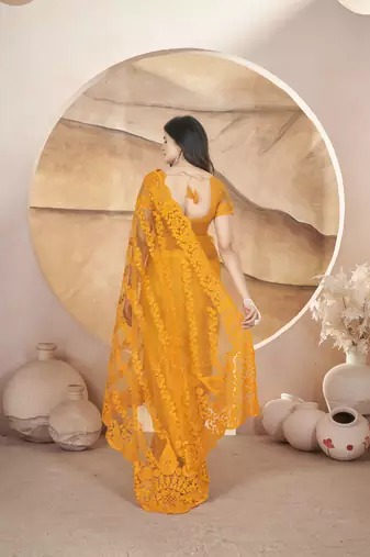Yellow butterfly net thread embroidery with stone work saree