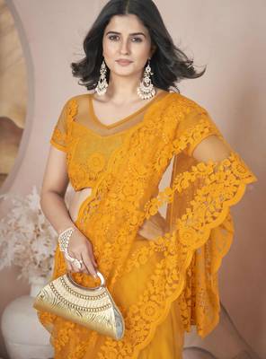 Yellow butterfly net thread embroidery with stone work saree 4