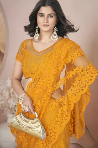 Yellow butterfly net thread embroidery with stone work saree