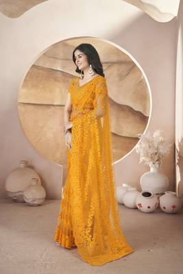 Yellow butterfly net thread embroidery with stone work saree 5