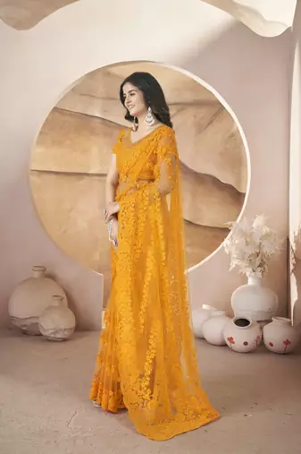 Yellow butterfly net thread embroidery with stone work saree