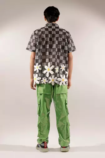 Net woven 3d flower net Black shirt