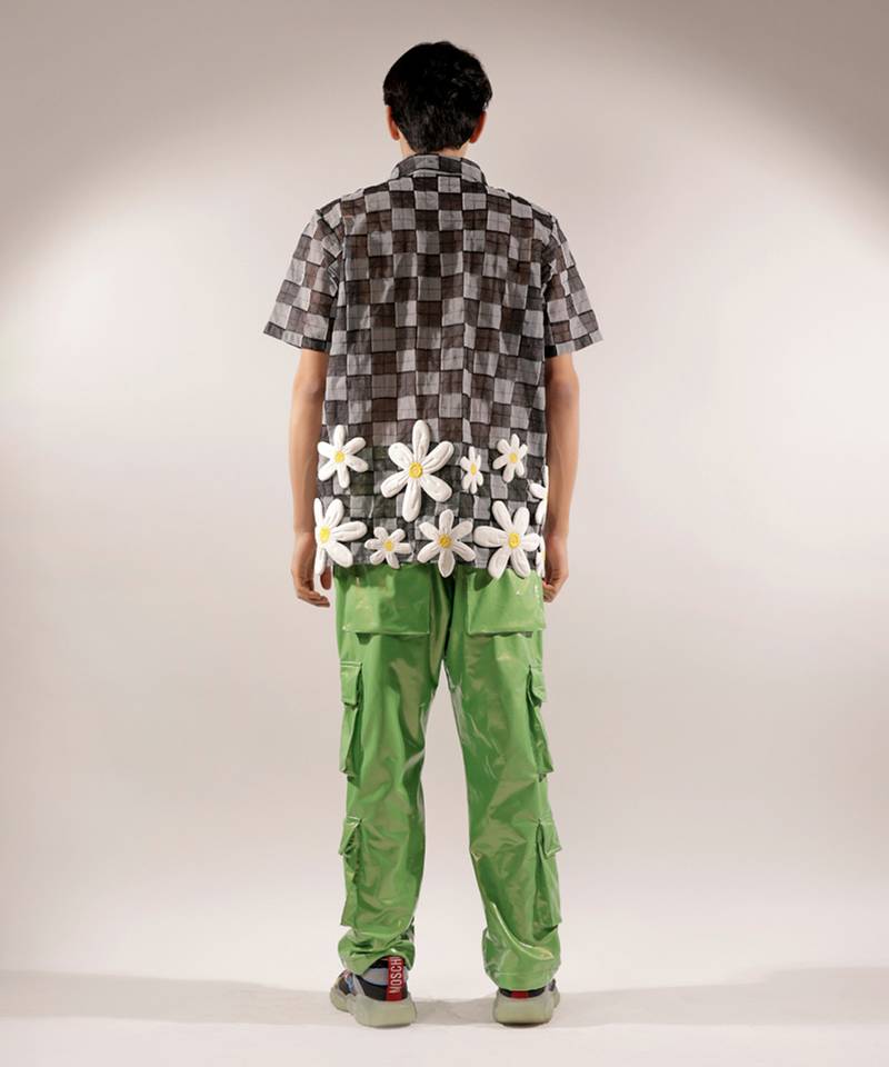Net woven 3d flower net Black shirt