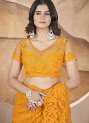 Yellow butterfly net thread embroidery with stone work saree 6