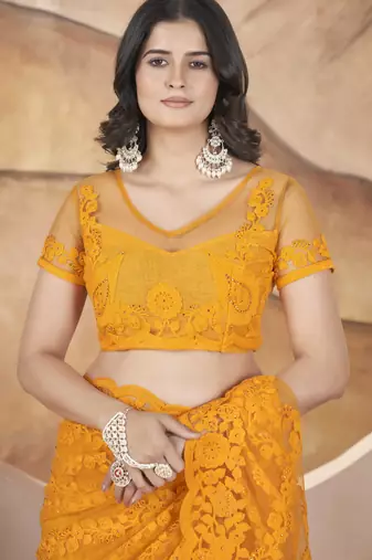 Yellow butterfly net thread embroidery with stone work saree