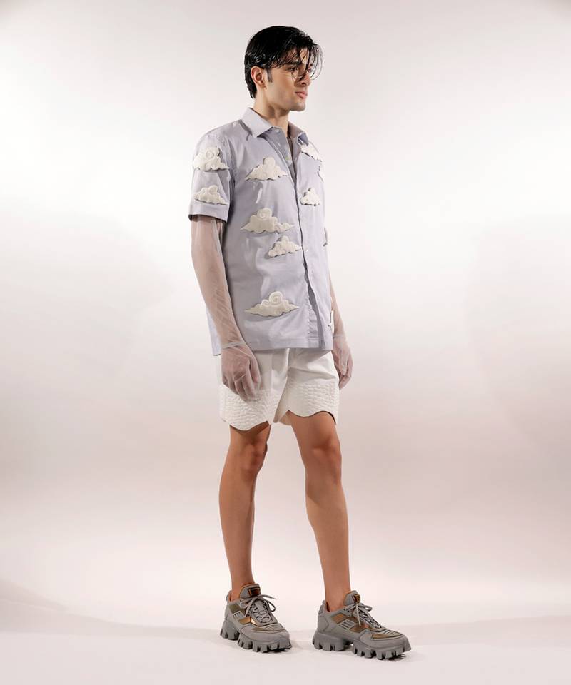 3d cloud quilted blue cotton shirt