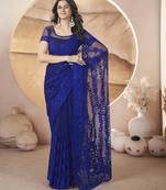 Blue butterfly net thread embroidery with stone work saree