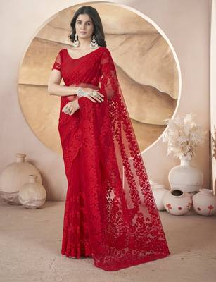 Red butterfly net thread embroidery with stone work saree 1