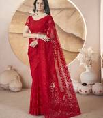 Red butterfly net thread embroidery with stone work saree