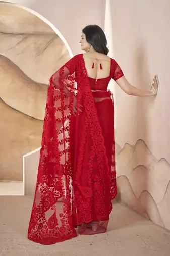 Red butterfly net thread embroidery with stone work saree