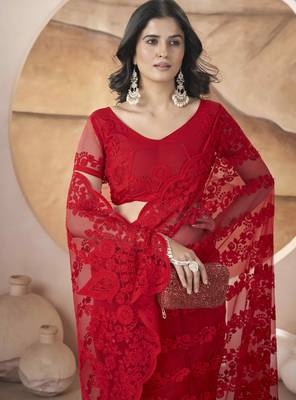 Red butterfly net thread embroidery with stone work saree 4