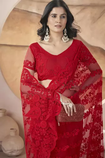 Red butterfly net thread embroidery with stone work saree