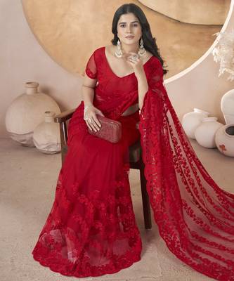 Red butterfly net thread embroidery with stone work saree 5