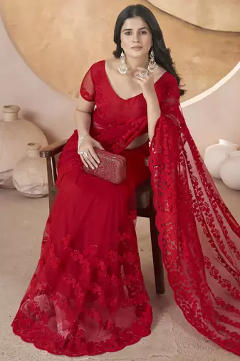 Red butterfly net thread embroidery with stone work saree