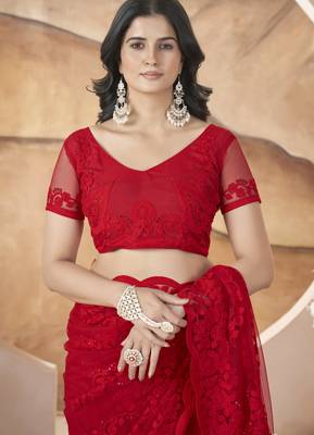 Red butterfly net thread embroidery with stone work saree 6