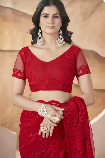 Red butterfly net thread embroidery with stone work saree