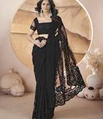 Black butterfly net thread embroidery with stone work saree