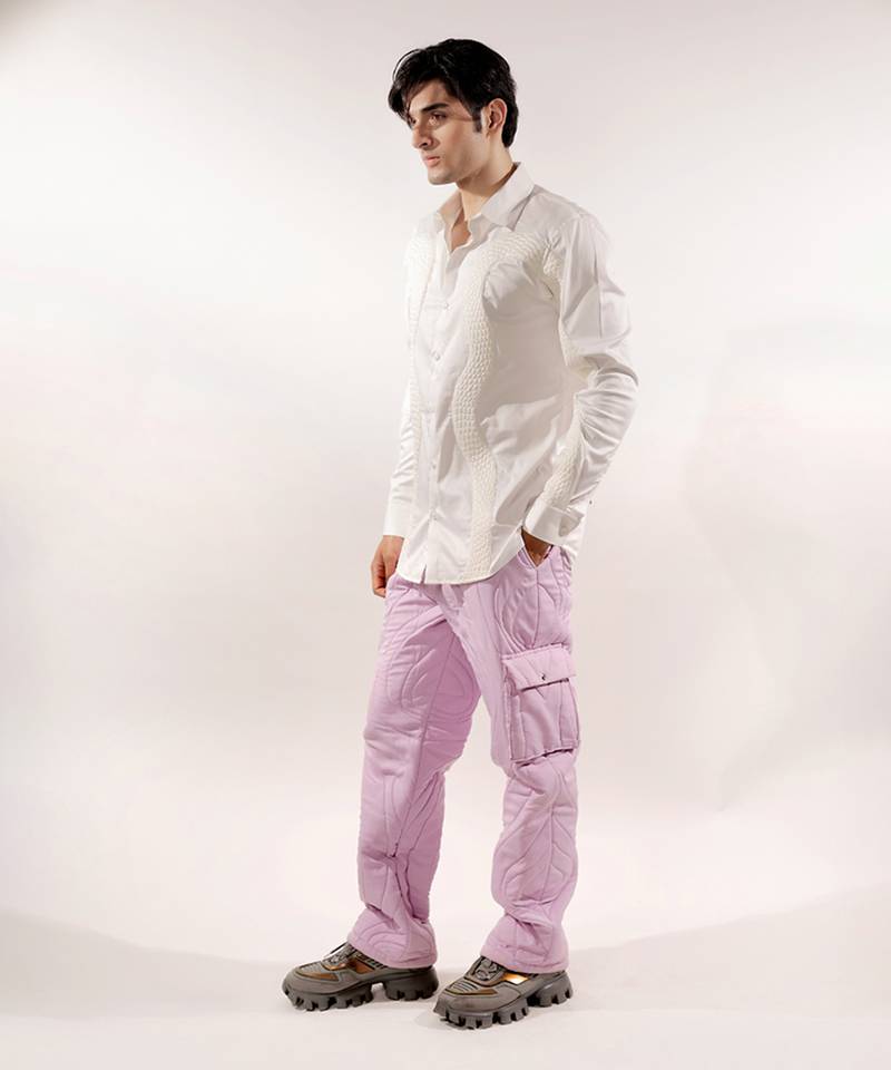 White snake quilted full sleeve cotton shirt