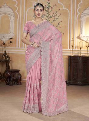 Pink gold crush partywear saree 1