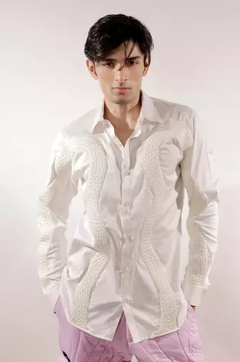 White snake quilted full sleeve cotton shirt