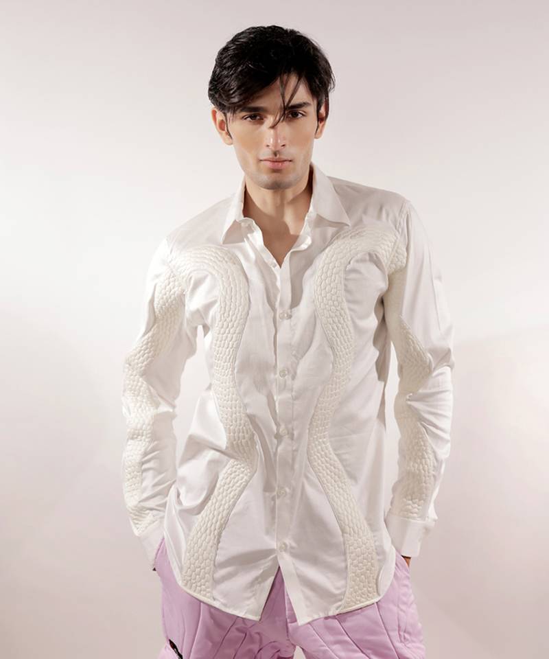 White snake quilted full sleeve cotton shirt