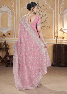 Pink gold crush partywear saree 3