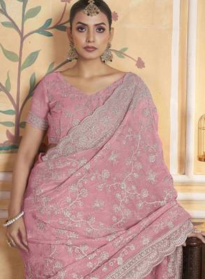 Pink gold crush partywear saree 4