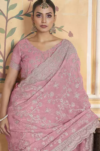 Pink gold crush partywear saree