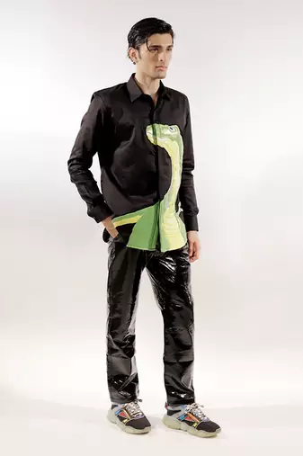 Dinosaur quilted black full sleeve cotton shirt