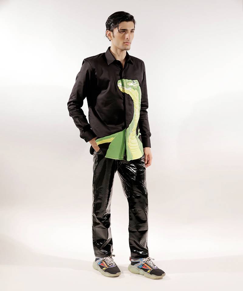 Dinosaur quilted black full sleeve cotton shirt