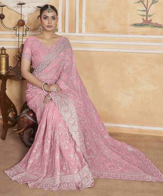 Pink gold crush partywear saree 5