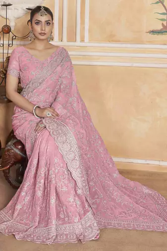 Pink gold crush partywear saree