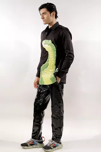 Dinosaur quilted black full sleeve cotton shirt