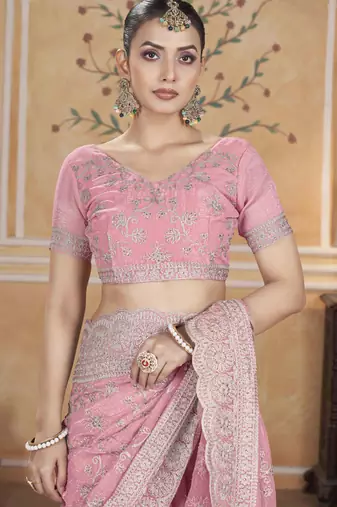 Pink gold crush partywear saree