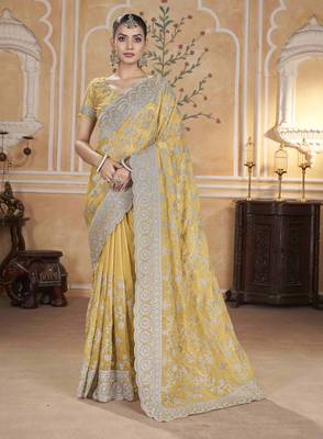 Yellow gold crush partywear saree 1
