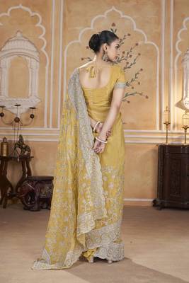Yellow gold crush partywear saree 3