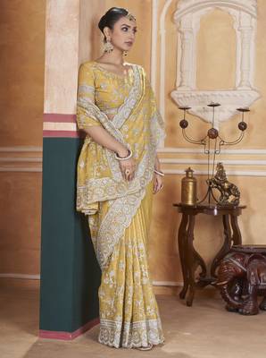 Yellow gold crush partywear saree 5
