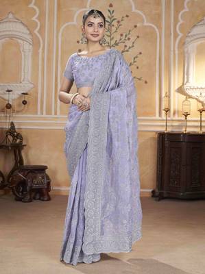 Lavender gold crush partywear saree 1