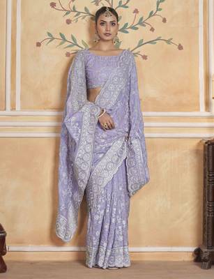 Lavender gold crush partywear saree 5