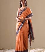 Orange handloom silk blend woven pallu border saree
