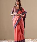 Peach handloom silk blend woven pallu border saree