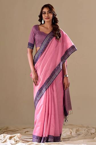 Pink handloom silk blend woven pallu border saree