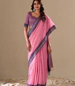 Pink handloom silk blend woven pallu border saree