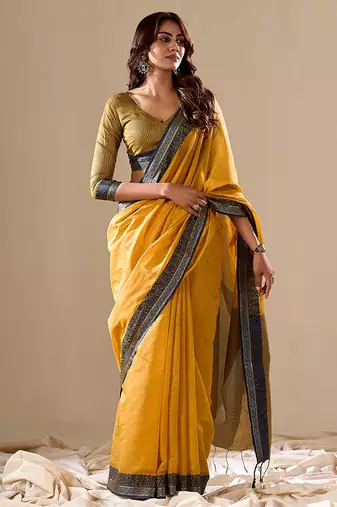 Yellow handloom silk blend woven pallu border saree