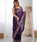 Purple satin chiffon bollywood style saree