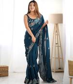 Teal satin chiffon bollywood style saree