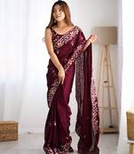 Wine satin chiffon bollywood style saree